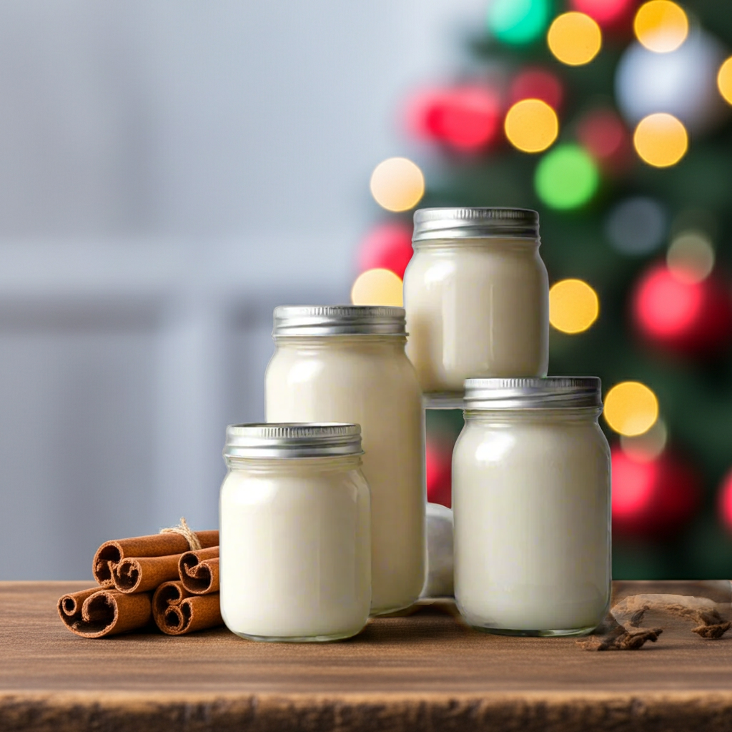 Jars of  candles with cinnamon sticks on a wooden surface, Christmas lights in the background