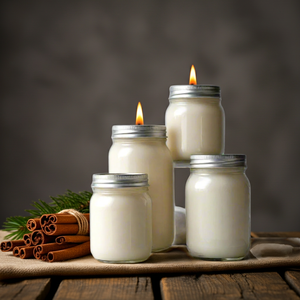 Five jars with candles inside on a wooden surface with cinnamon sticks and pine branches.
