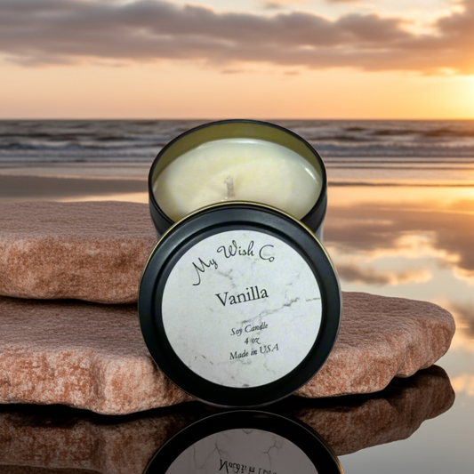 Vanilla Pure: Dye-Free Non-Toxic Soy Candle 4 oz Black Tin - mywishco.com