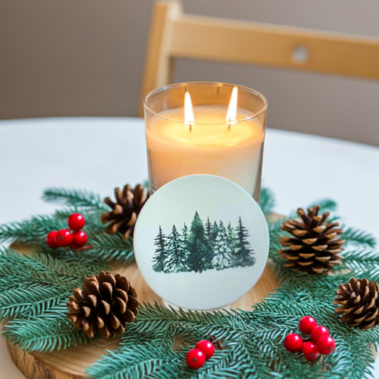 Candle with a forest design on a decorative tray with greenery and pine cones.