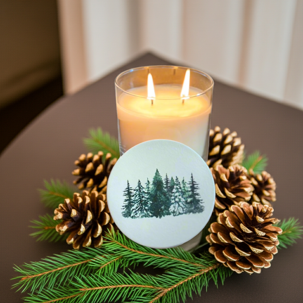 Candle with a forest design coaster surrounded by pine cones and greenery on a brown surface.