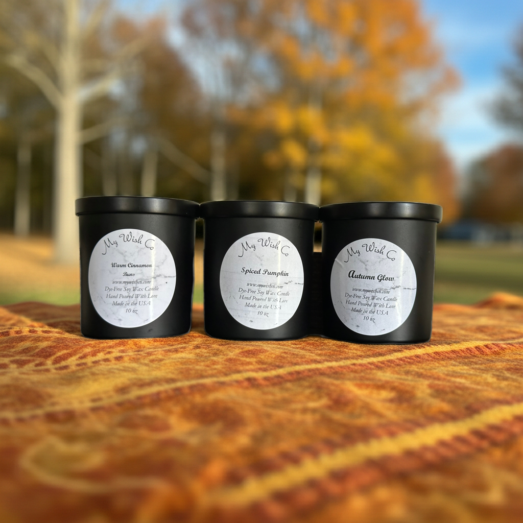 Three black containers with labels on a textured surface with autumn trees in the background