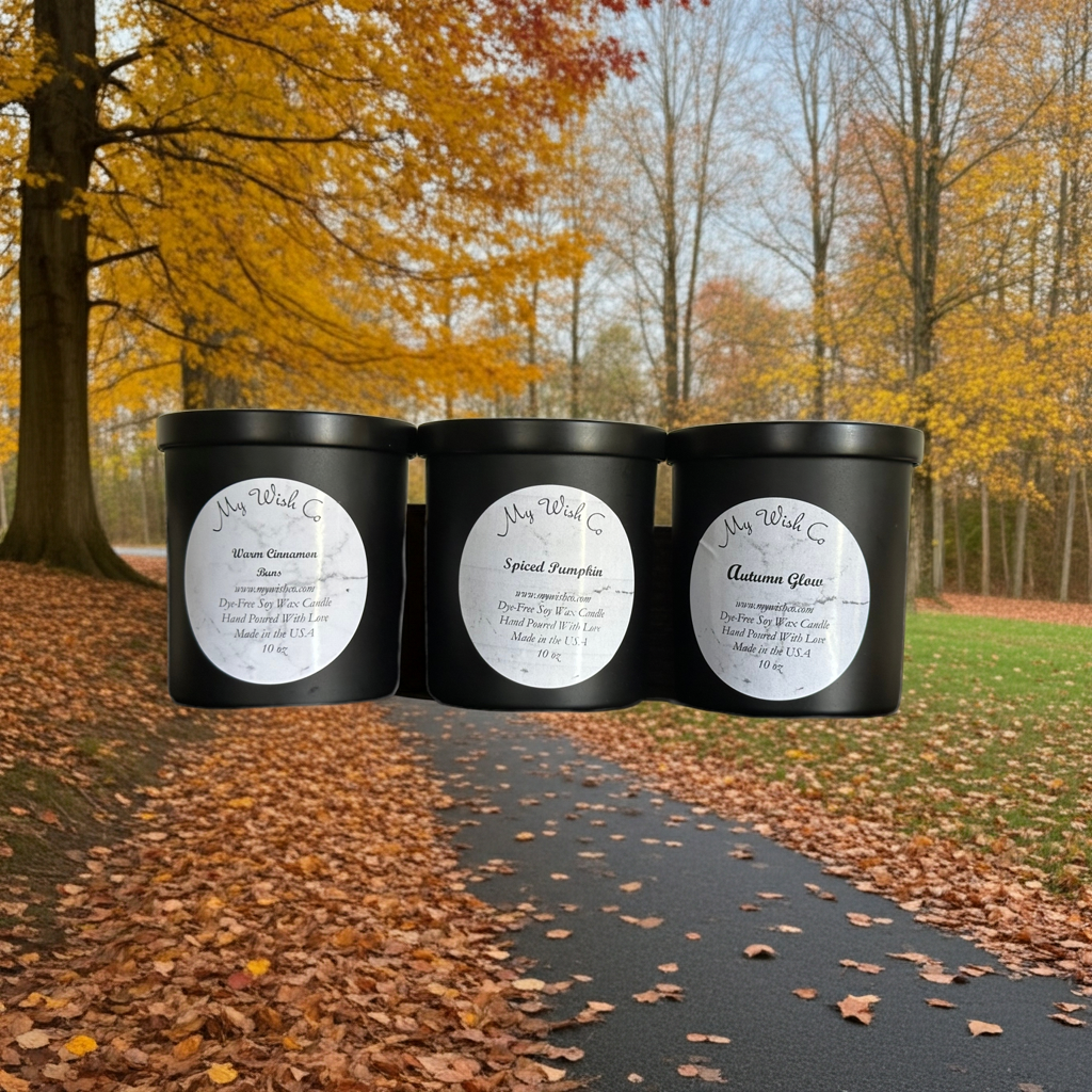 Three black containers with labels on a path lined with autumn leaves and trees.