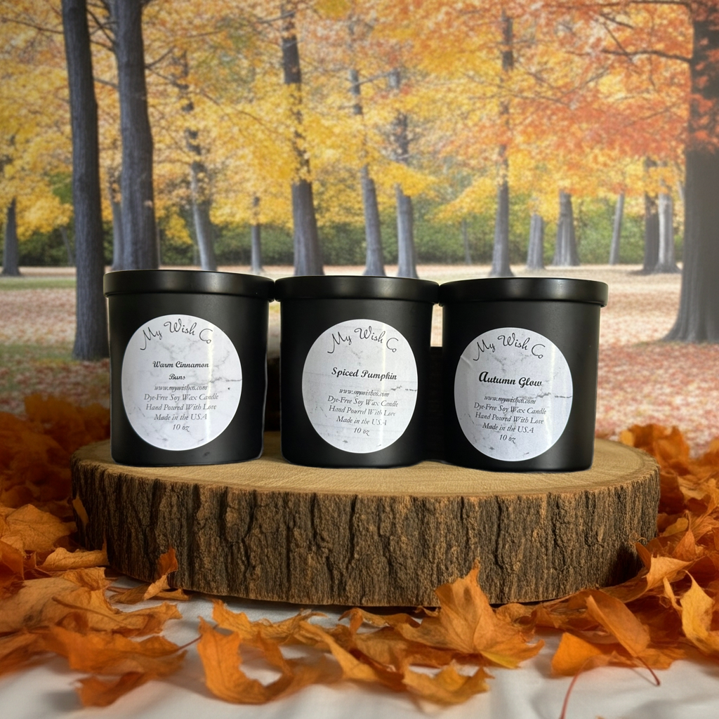Three black candles with labels on a wooden stand in front of an autumn forest background.