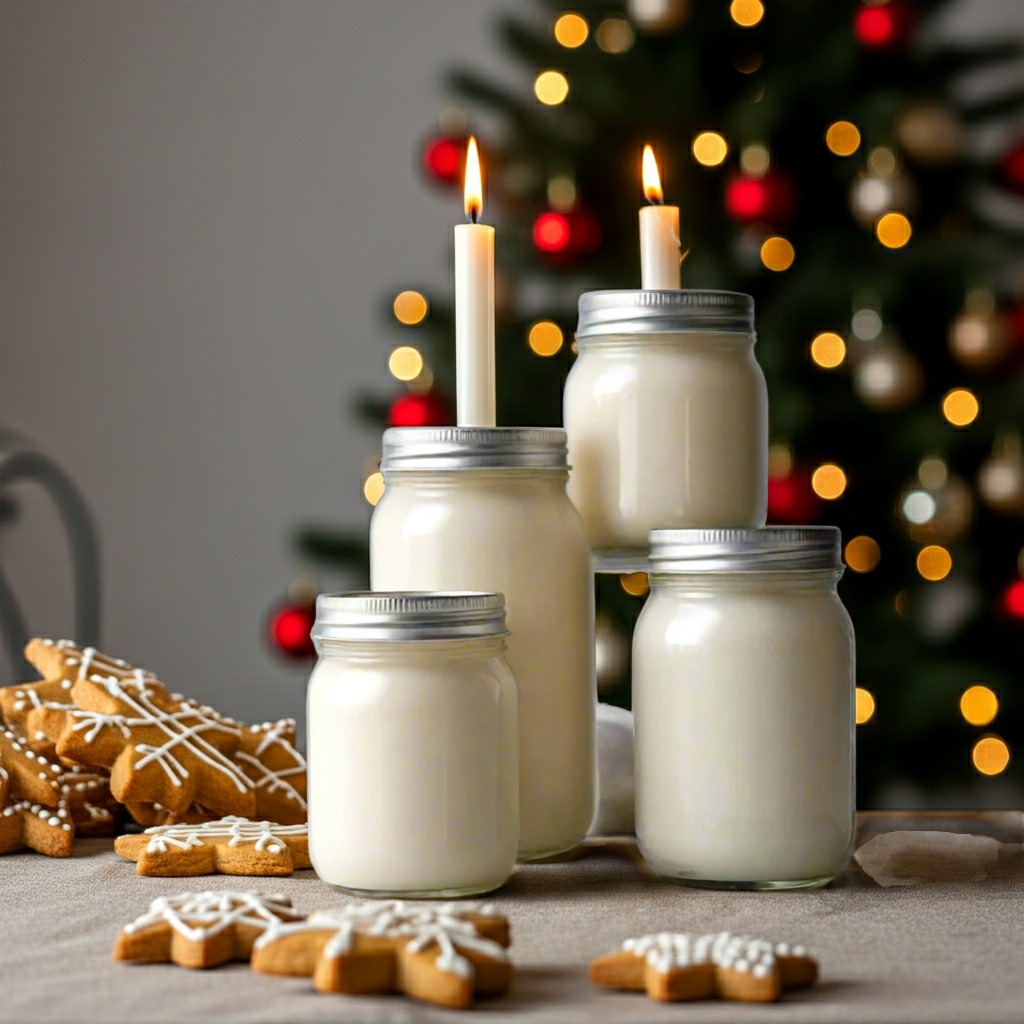 Mason jars with candles and gingerbread cookies on a festive background