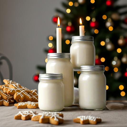 Mason jars with candles and gingerbread cookies on a festive background