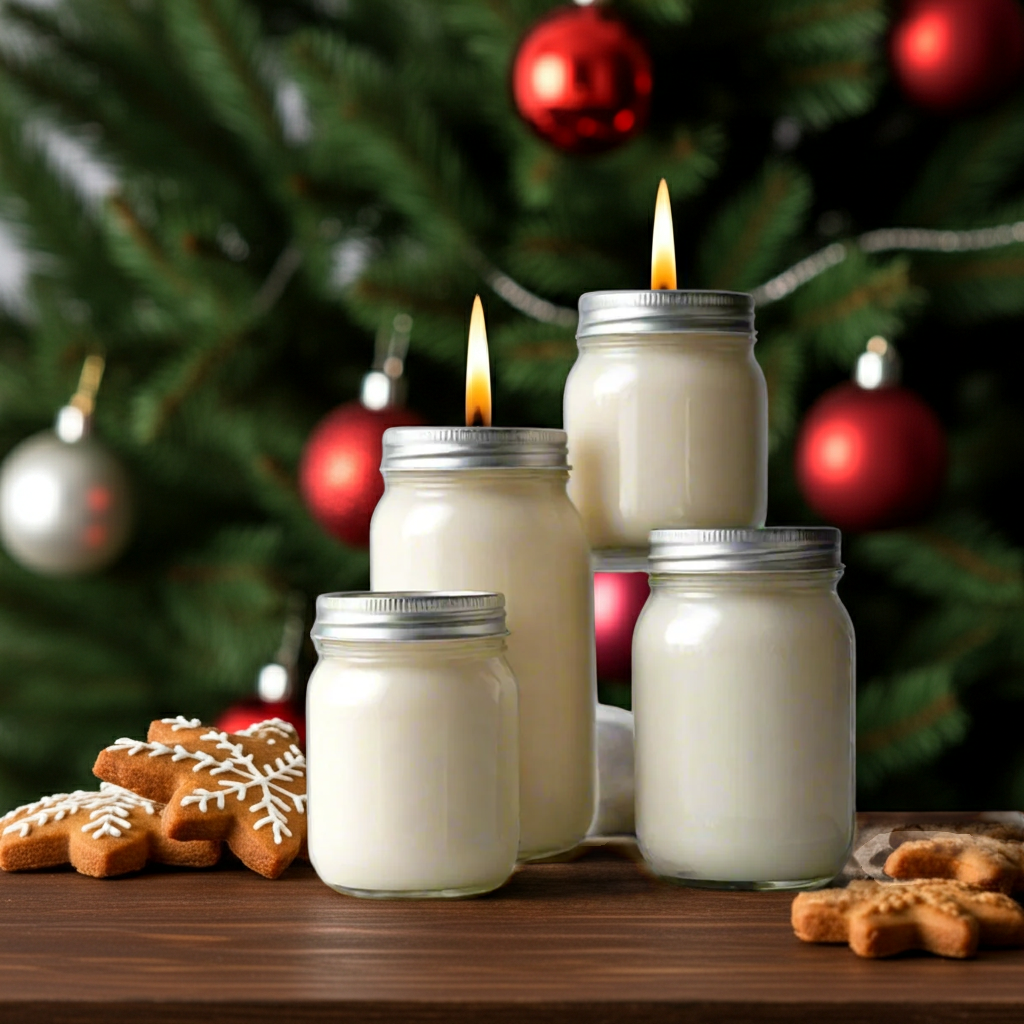 Jars of candle wax with lit candles in front of a Christmas tree