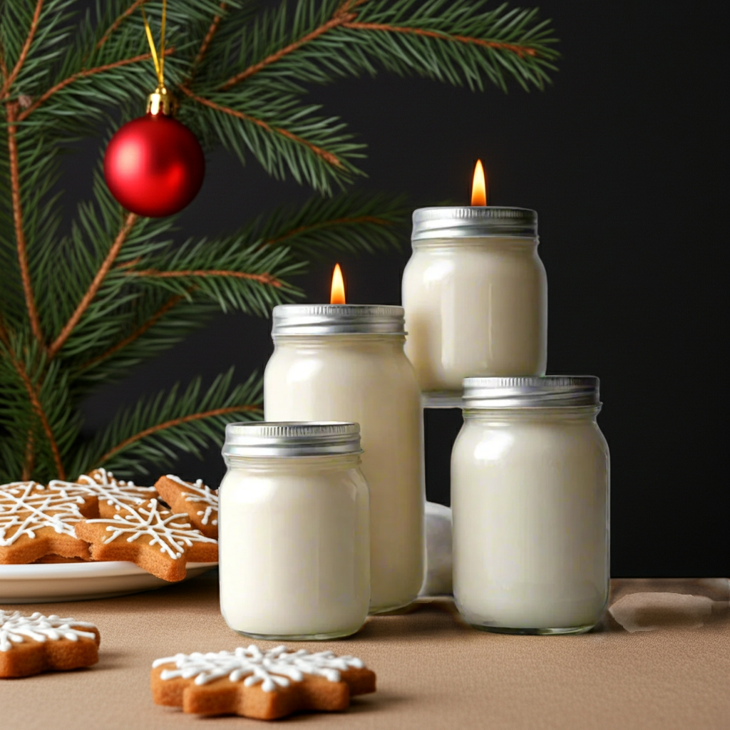 Set of mason jar candles with Christmas decorations and cookies on a table.
