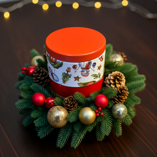 Decorative container with a red lid on a Christmas wreath with ornaments