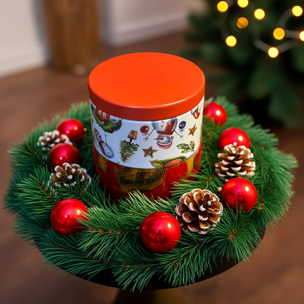Decorative container with festive design on a Christmas wreath with ornaments