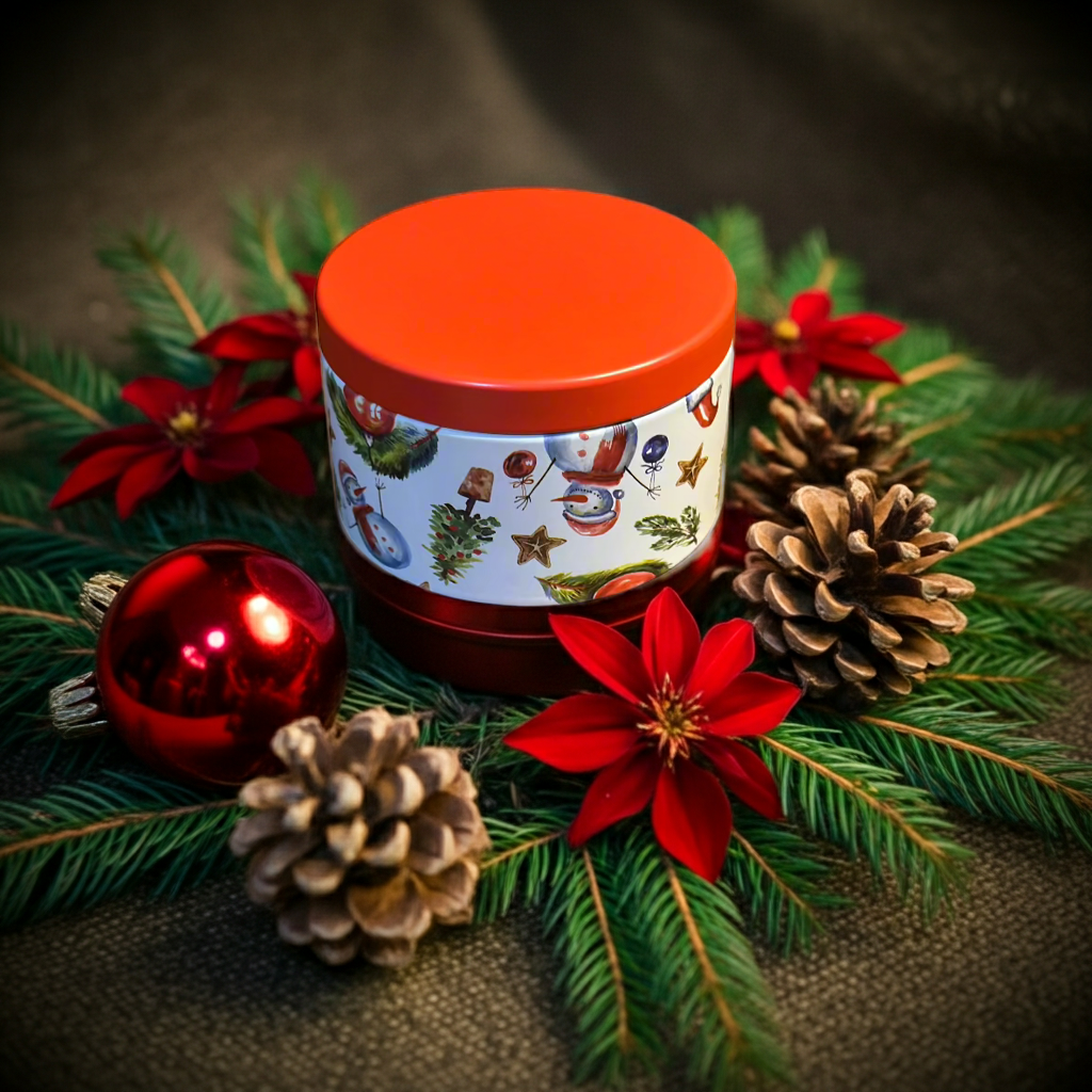 Decorative candle with a red lid surrounded by Christmas elements like pine cones and poinsettias.