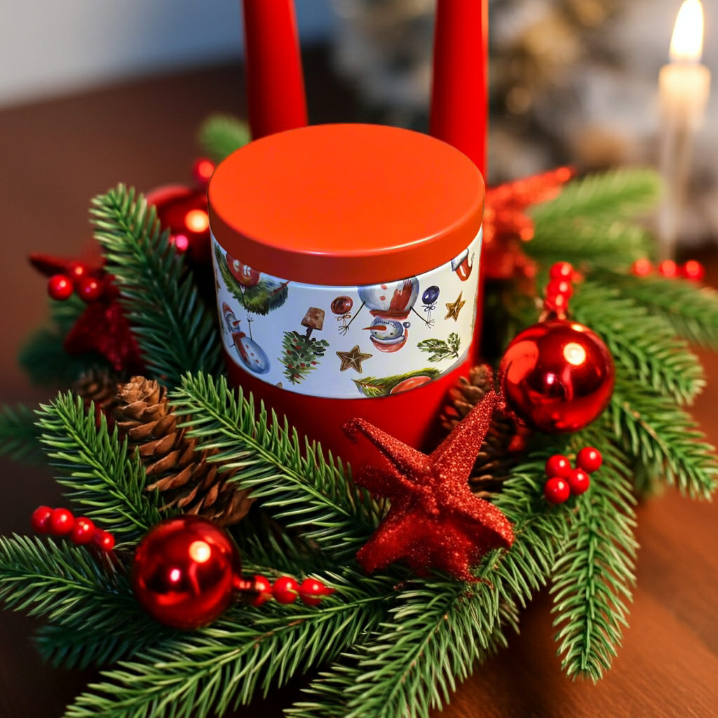 Decorative candle with festive design surrounded by Christmas elements on a wooden surface.