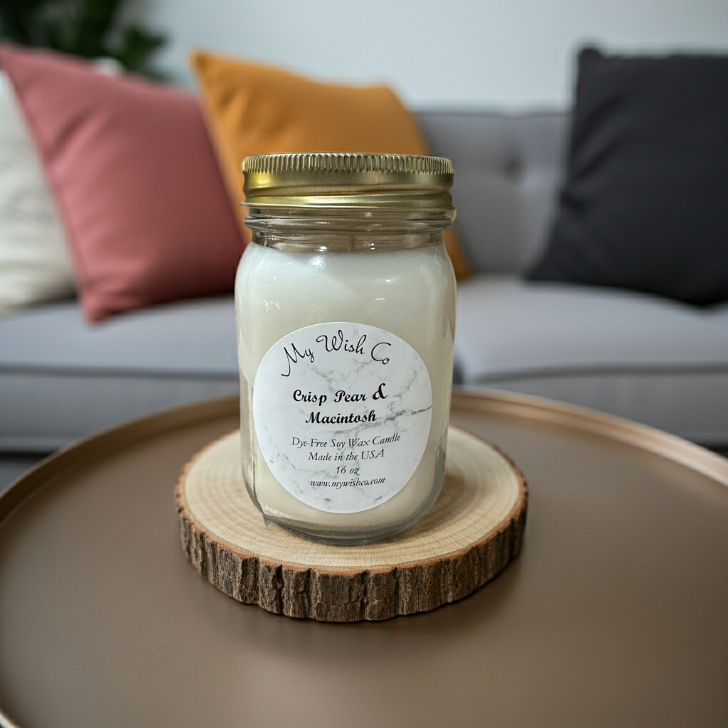 Crisp pear & Macintosh Apple Mason Jar on a wood piece