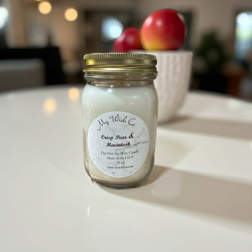 Jar candle labeled 'My Wish Co Crisp Pear & Macintosh' on a surface with apples in the background