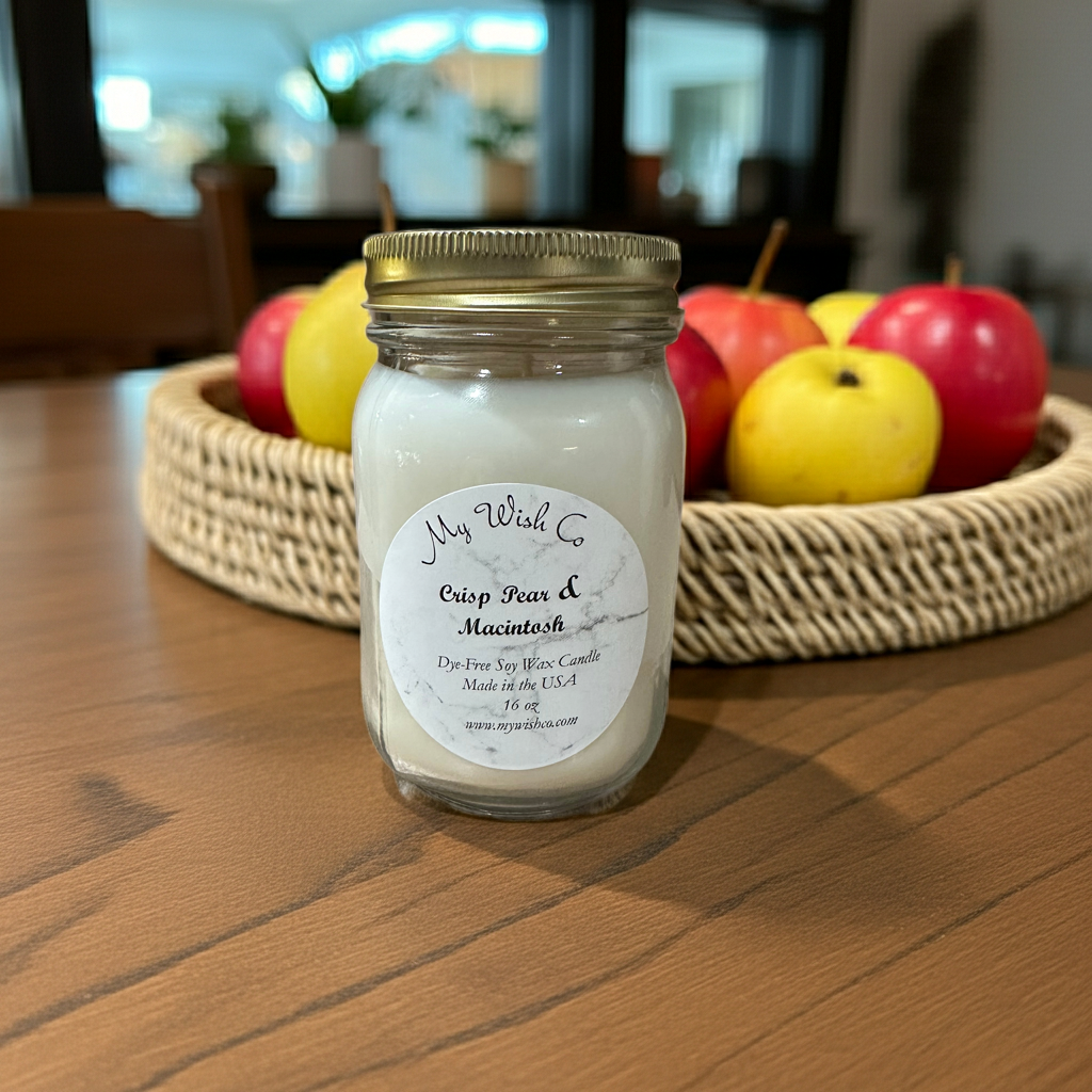 Jar of candle labeled 'My Wish Co' with apples in the background on a wooden table