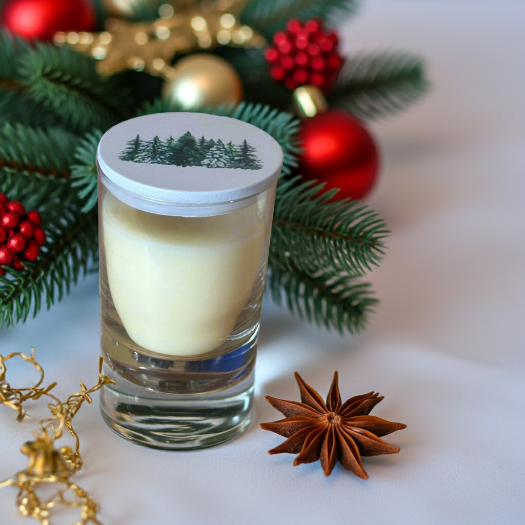 Glass of eggnog with a lid featuring a forest design, surrounded by Christmas decorations.