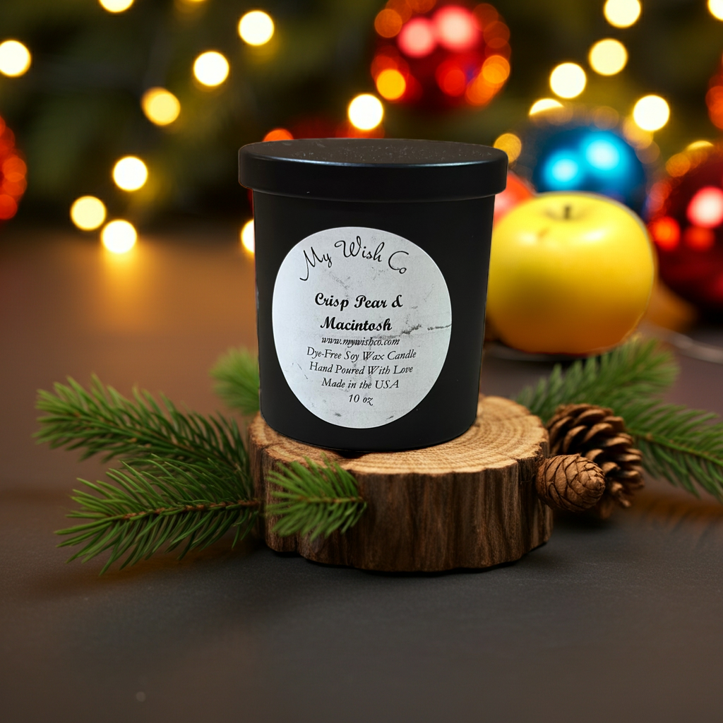 Candle labeled 'My Wish Co.' on a wooden block with Christmas decorations in the background