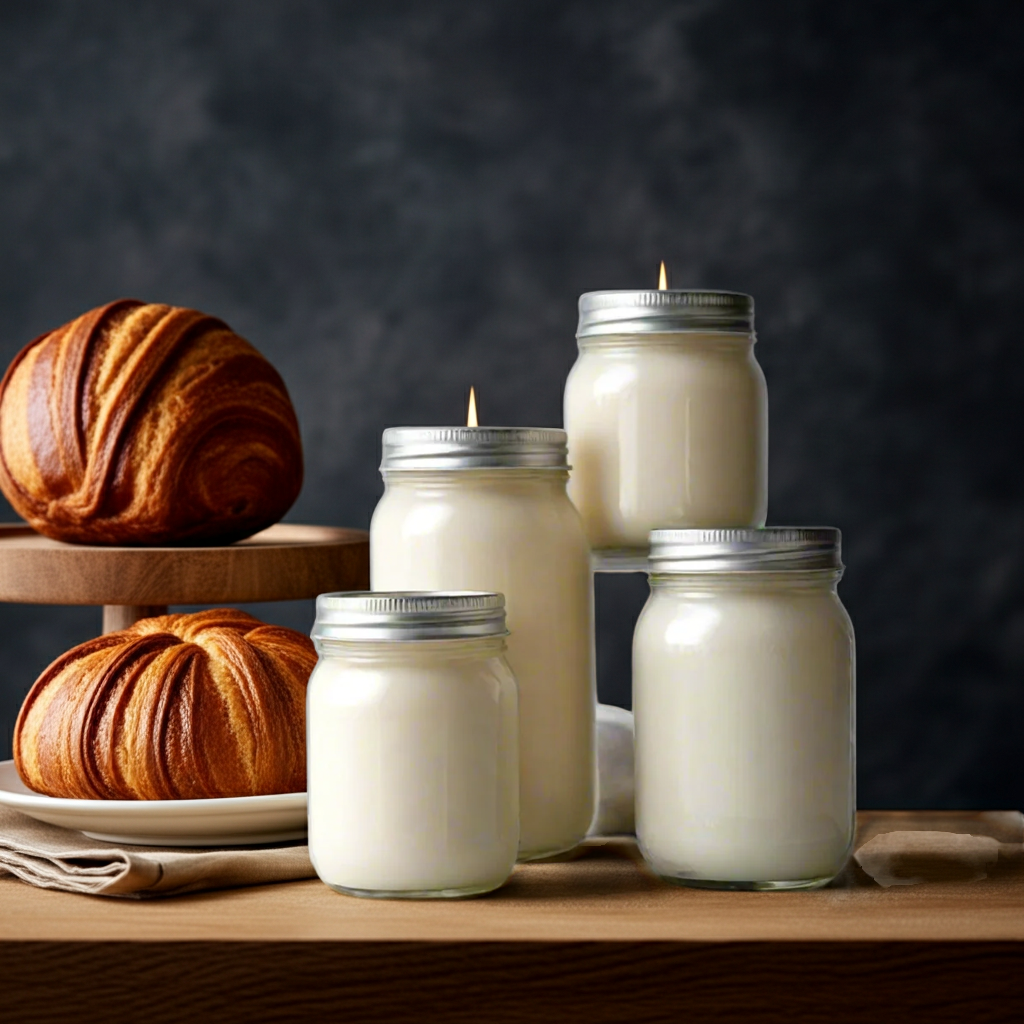 Jars of candles with croissants on a wooden surface against a dark background