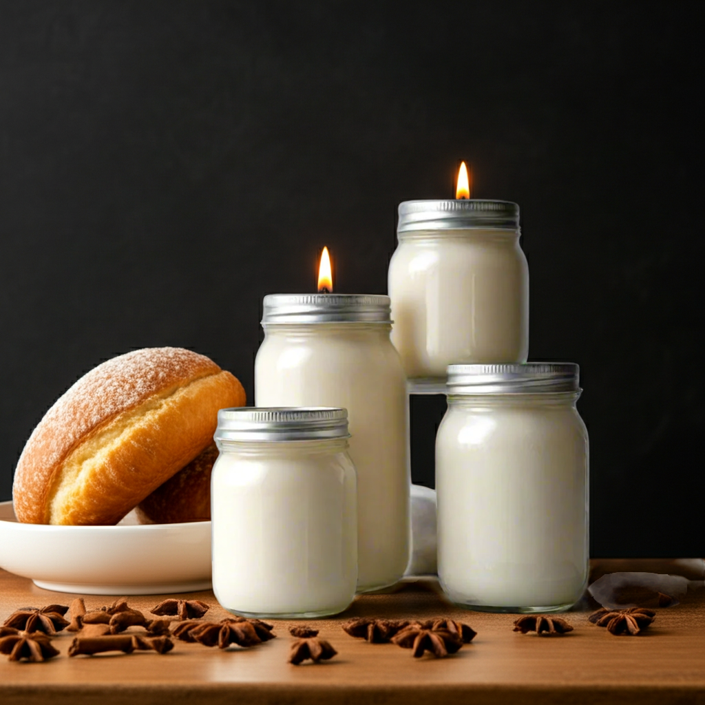Five jars of different sizes with candles inside, surrounded by a bread roll and star anise on a wooden surface.