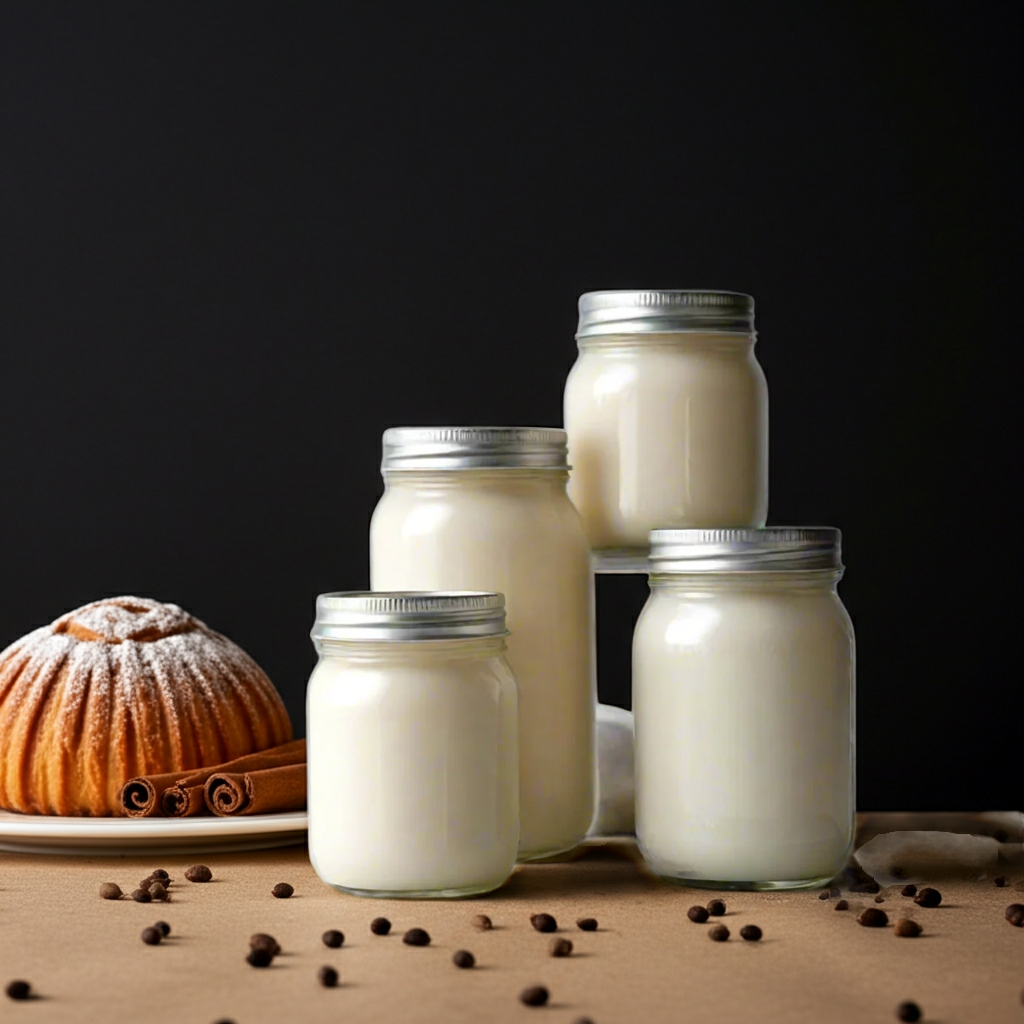 Jars of candles with a cinnamon roll and cinnamon sticks on a dark background