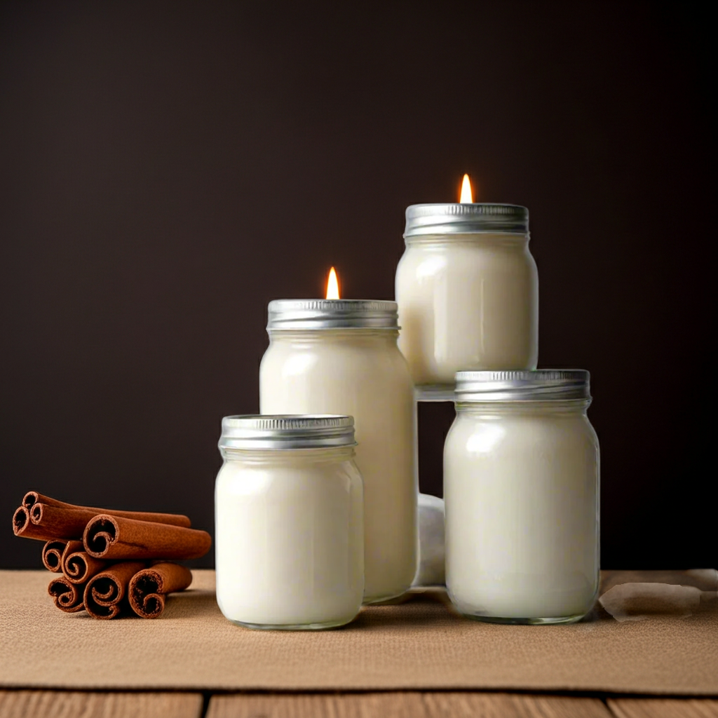 Five jars of candles with lit wicks on a wooden surface, with cinnamon sticks beside them.
